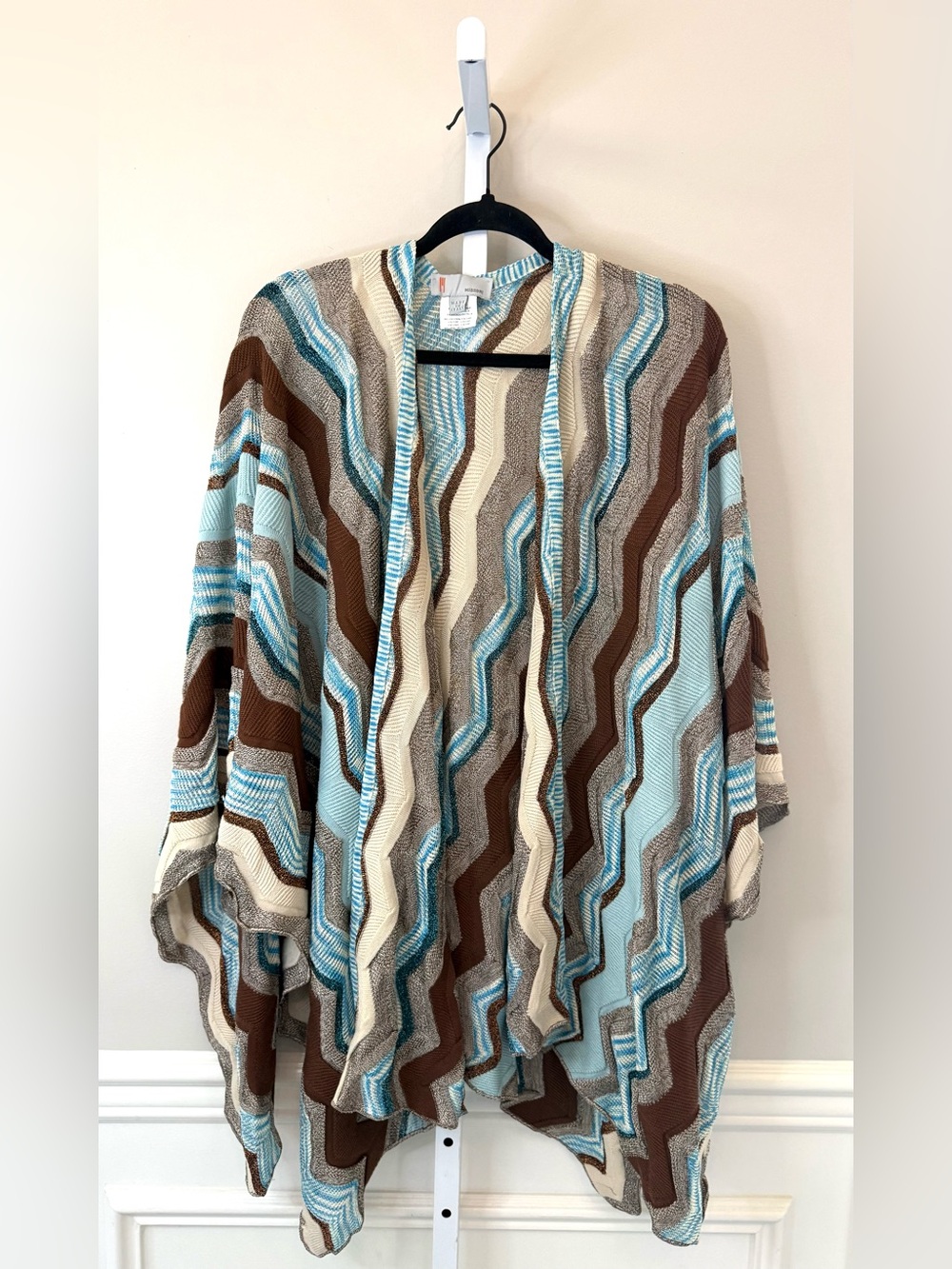 Missoni Italy Wool Blend Poncho Cardigan Brown Blue Chevron Shimmer OS
